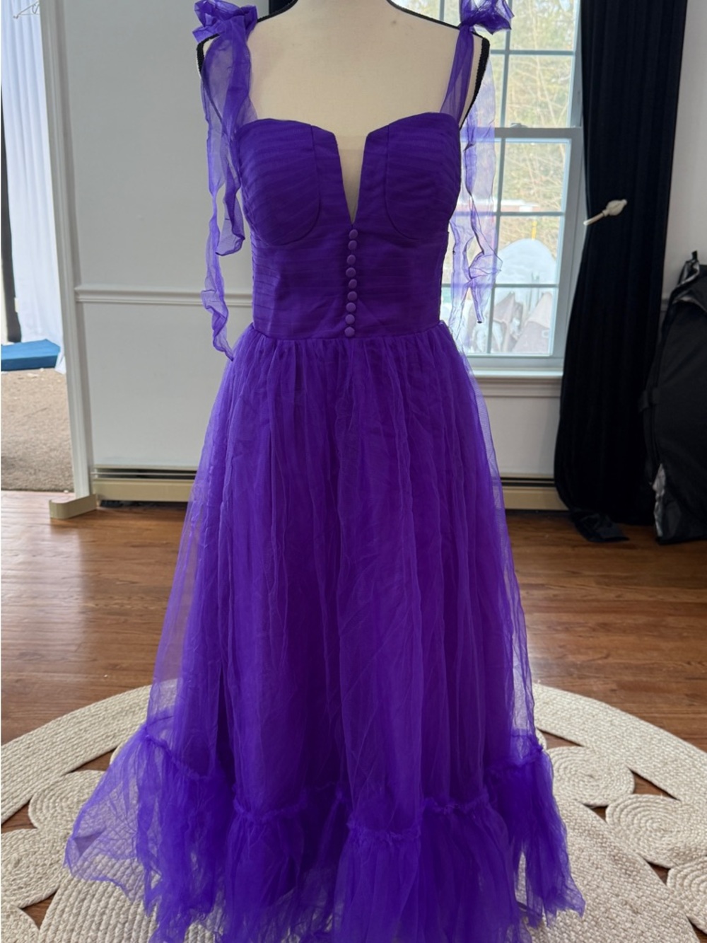 Vibrant Purple Tulle Midi Dress with Sweetheart Bodice